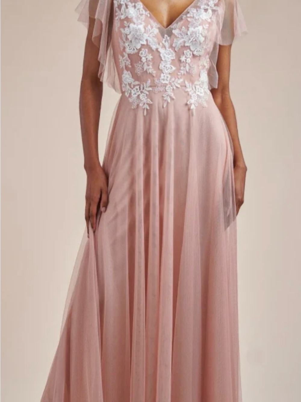Romantic Blush Pink Maxi Dress with Floral Appliqué
